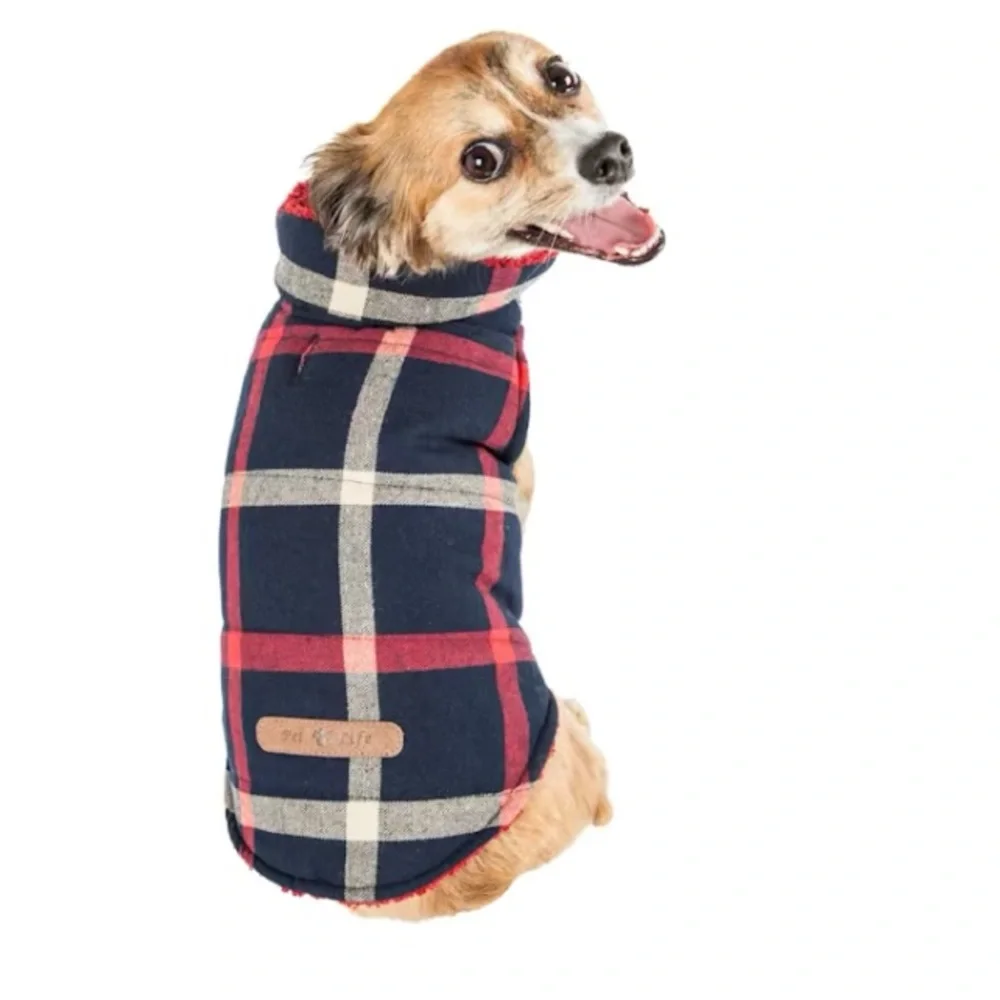 Pet Life navy and red Plaid dog jacket, S, NWT!